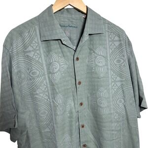 Tommy Bahama Silk Camp‎ Shirt Mens Large Green Abstract Floral Short Sleeve